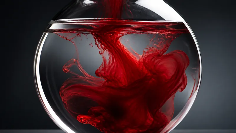 A ribbon of deep crimson liquid dispersing through clear fluid in laboratory glassware.